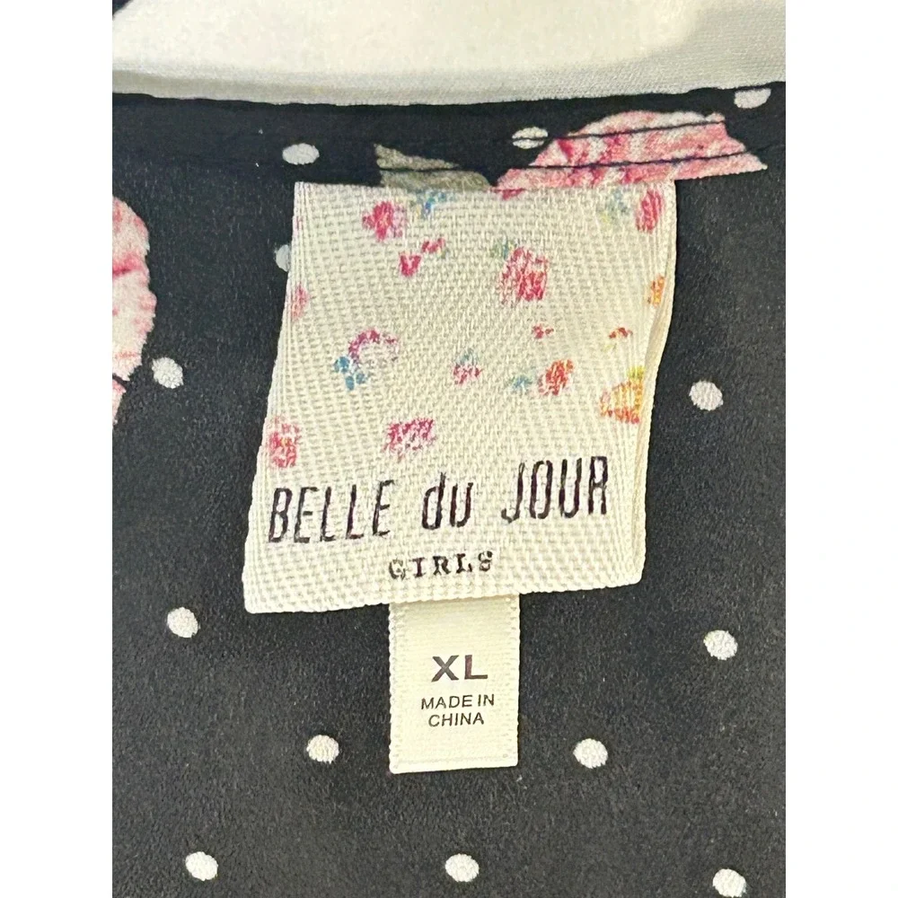 Belle du Jour Girls Black Floral Polka Dot Ruffle‎ Kimono Cardigan Top XL